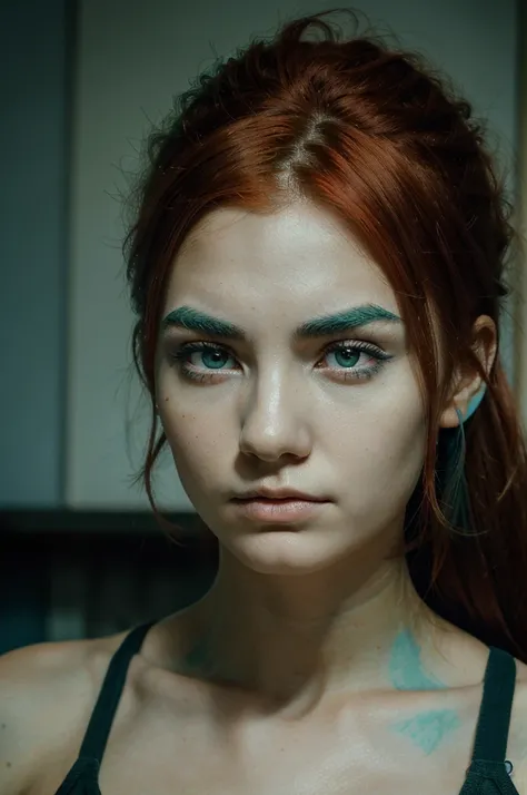 A girl with red hair, black eyebrows, thin face, eyes in a mixture of green and blue With a judging and serious look.