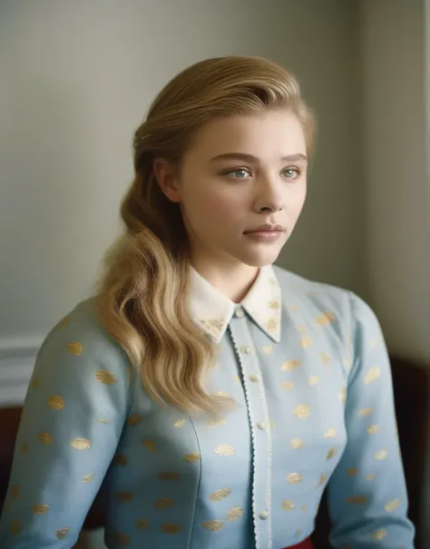 ChloeGraceMoretz, (art by Grandma Moses:1.1) , portrait,close up of a Ceramic Golden Age Woman Standing in a College, Extraordinary Trendy hair, specular lighting, F/2.8, Agfacolor,  