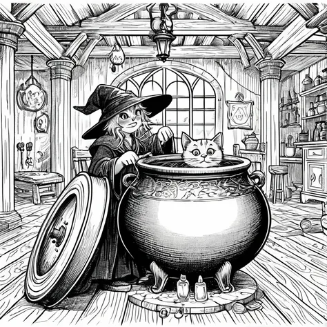 witch and cat in a cauldron、and a cat sitting on the floor, put a spell on the potion, cat witch, she is in the potions workshop...