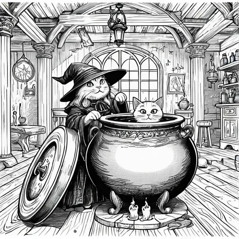 witch and cat in a cauldron、and a cat sitting on the floor, put a spell on the potion, cat witch, she is in the potions workshop...