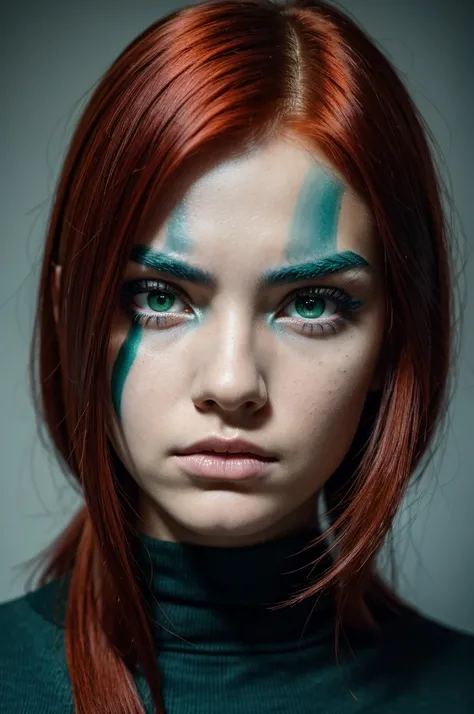 A girl with red hair, black eyebrows, thin face, eyes in a mixture of green and blue With a judging and serious look.