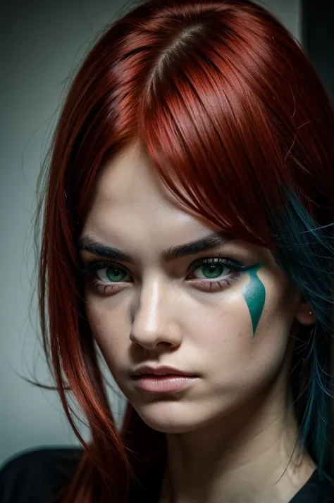 A girl with red hair, black eyebrows, thin face, eyes in a mixture of green and blue With a judging and serious look.