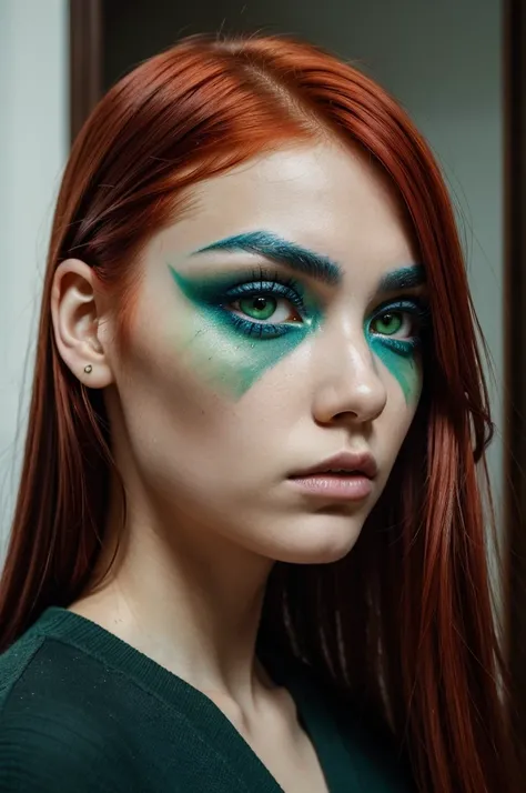 A girl with red hair, black eyebrows, thin face, eyes in a mixture of green and blue With a judging and serious look.