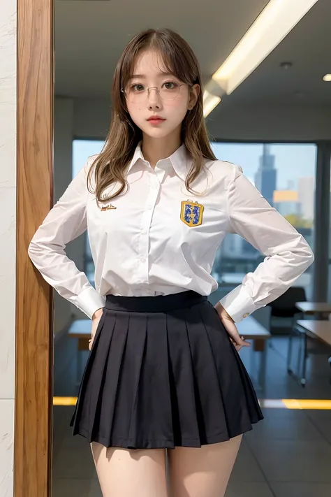 one girl, glasses、uniform、mini skirt、whole body