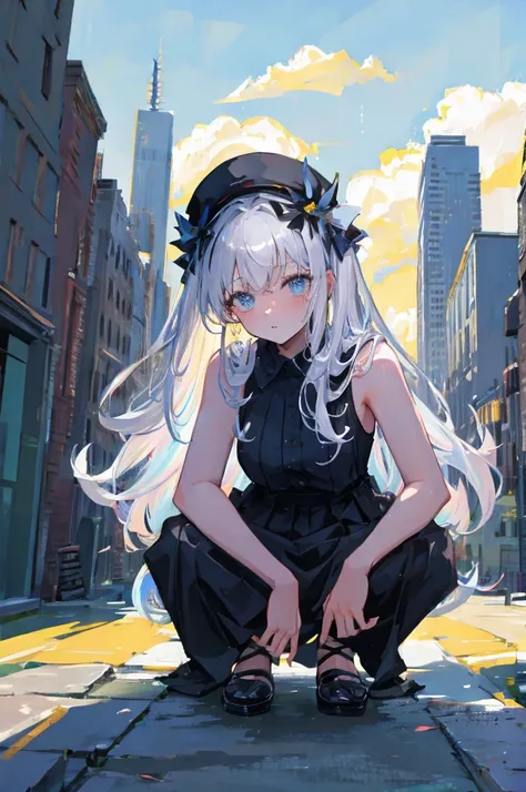 ((highest quality)), ((masterpiece)), (detailed), one girl,silver hair,long hair，dark skin,wearing a black sleeveless dress，wear...