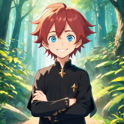 Little boy with shaggy red hair and blue eyes, pointy elf ears, black fancy outfit, smiling

