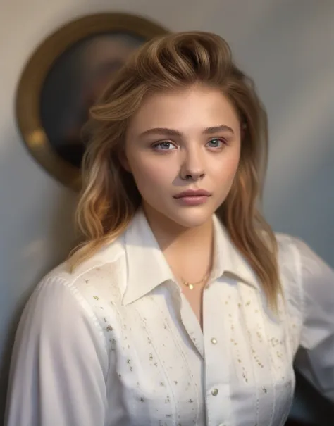 chloegracemoretz, (art by grandma moses:1.1) , portrait,close up of a ceramic golden age woman standing in a college, extraordin...