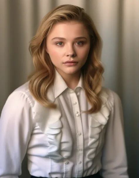 chloegracemoretz, (art by grandma moses:1.1) , portrait,close up of a ceramic golden age woman standing in a college, extraordin...