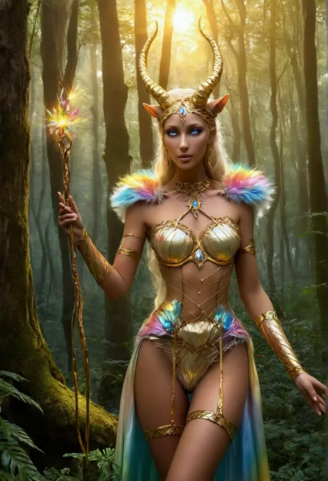 A beautiful, enchantingly elusive humanoid faunus woman, every aspect exudes magic in the midst of danger: shimmering rainbow fur, ethereal golden horn, and eyes that seem to hold the secrets of the universe. The mystical creature is surrounded by a lush, ...