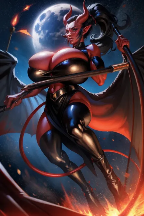 Red skin succubus tiefling, digitigrade legs, full breasts, huge breasts, black horns, wings, huge tail, black leather, sports top, long flowing pelvic curtain, tall, athletic, graceful, thin, long black ponytail. Action scene, whip. Dark scene, explosions...