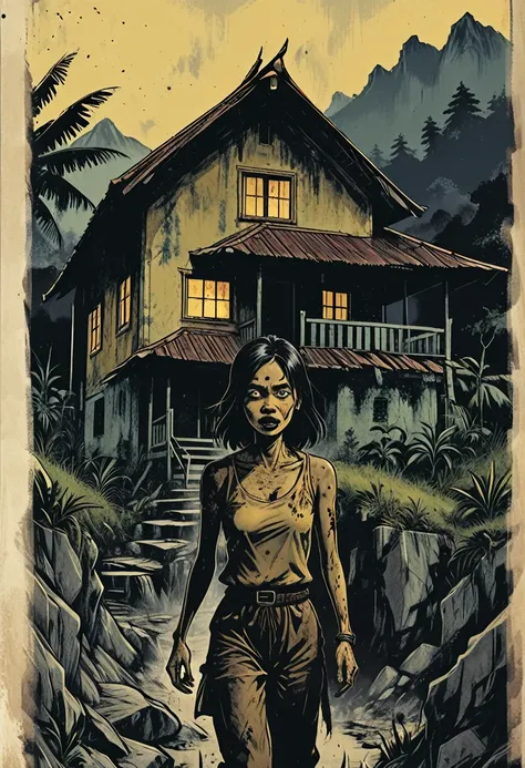 a comic book cover, illustration style. Titled written "BERCAKAP DENGAN JIN" a woman zombie crawling coming out from the terrain in front of a Malay house in the night. traditional Malay village house in distance. background of tropical forest and a mounta...