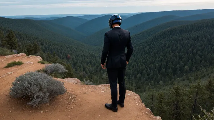 a luxury sales suit man wearing a black rider full-face helmet overlooking wilderness,full body,standard rider black full face h...