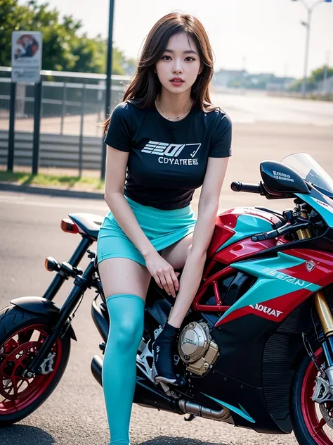 a beautiful korean girl,1girl,beautiful detailed eyes,beautiful detailed lips,extremely detailed eyes and face,long eyelashes,riding a pink 2000 MV Agusta F1 race bike,silky glitter cyan t-shirt,tight above knee length skirt,f1 race,photorealistic,best qua...