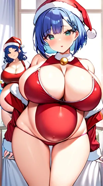 Santa costume,Swimwear,Big Breasts,Pregnant women,Pregnant belly,Multiple births,Blue Hair,Bobcut