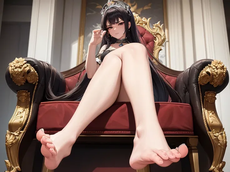 a haughty woman sits on an upholstered armchair, her posture exuding an air of unquestionable superiority. she stretches out one leg, leaving her bare foot exposed for all to see. a look of contempt, like that of a disdainful queen with icy indifference. h...