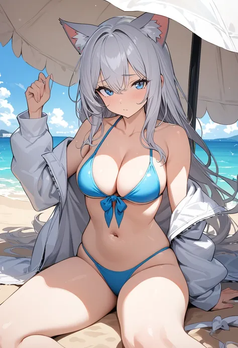 ((masterpiece)), (Highest quality), (Simple style), Silver hair, long hair, blue eyes, white coat, bare shoulders, bikini swimsuit, cleavage, openclothes, cat ears, thighs, beach, open legs, under a parasol, manguri-gaeshi