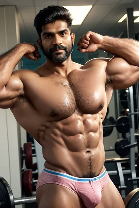 indian man, tanned skin, big bodybuilder, 40 years old, big pecs, big arms, sexy pose, pink glitter briefs, rugged, hairly body, beard