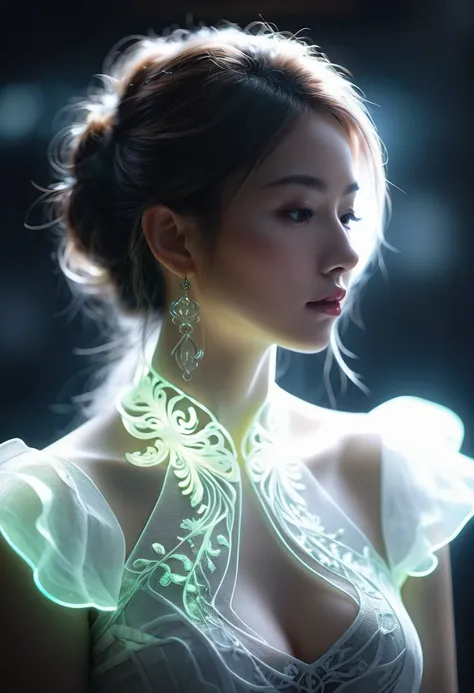 ((jewel_light element)), (Translucent luminous body_wearing a white frilly blouse), (girl made of light: 1.2), (minimalism: 0.5), (Upper body front close-up angle: 1.3), 4K, HDR, acid graphics, fantasy work, [Detailed and vivid faces: 0.33], (White translu...