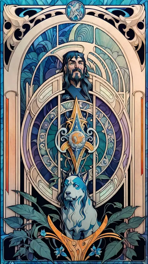 ((Art Nouveau Style)); ((Lemmy Kilmister)); (blue gems); ravens, green ferns, small orange streaks; symmetrical with thick lines, Fibonacci, golden ratio, 3D metal structure tessellation, neural graphic, neurons, color, love, passion, incredibly detailed, ...