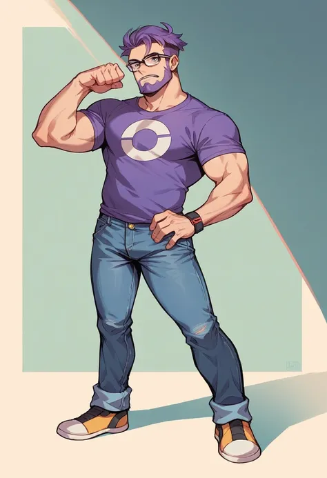 Pokémon male trainer, short hair, fade haircut, glasses, posing, cool pose, standing, fullbody, short beard, wearing jeans, wearing Violet and purple shirt,  