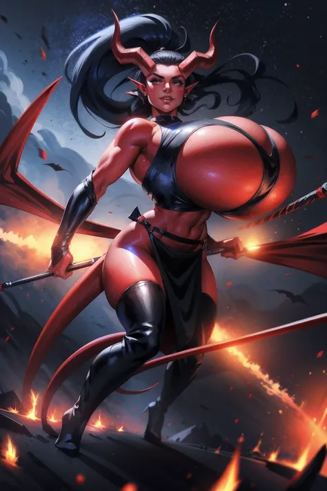 Red skin succubus tiefling, full breasts, ((gigantic breasts)), black horns, wings, huge tail, black leather, crop top, long flowing pelvic curtain, tall, athletic, graceful, thin, long black ponytail. Action scene, whip. Dark scene, explosions, night sky.