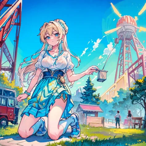 masterpiece　　Unreal Engine　Anime Style　Delicate painting　4K　90s　giant　crowd　 　amusement park　to　amusement parkに立っている巨大な女の子　Ferris wheel　ジェッtoコースター　　crowd　スカーto　Big Breasts　White T-shirt　Summer clothes　Short sleeve　Private Server　sneakers　White socks　watch　...