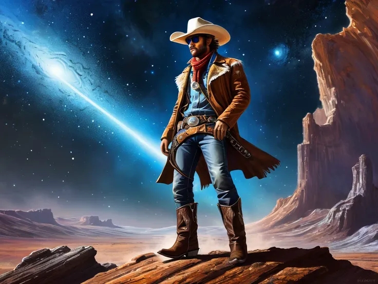 A rugged space cowboy, standing on a comet, in a dramatic pose, like riding the comet, in the midst of an intergalactic rodeo. His weathered leather chaps and intricately engraved blaster, while his worn cowboy hat and boots shades his determined profile. ...