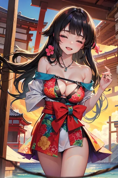 (pov kimono style swimsuit) (beautiful body), (solo:2, 15 yo, blunt bangs:1.3 black hair long hair sexy shrine girl, sexy closed eyes, happy smile, medium tits), (in a japanese modern:1.3 shrine:1.2 beautiful one piece swimsuit, wabisabi:1.3, white and red...