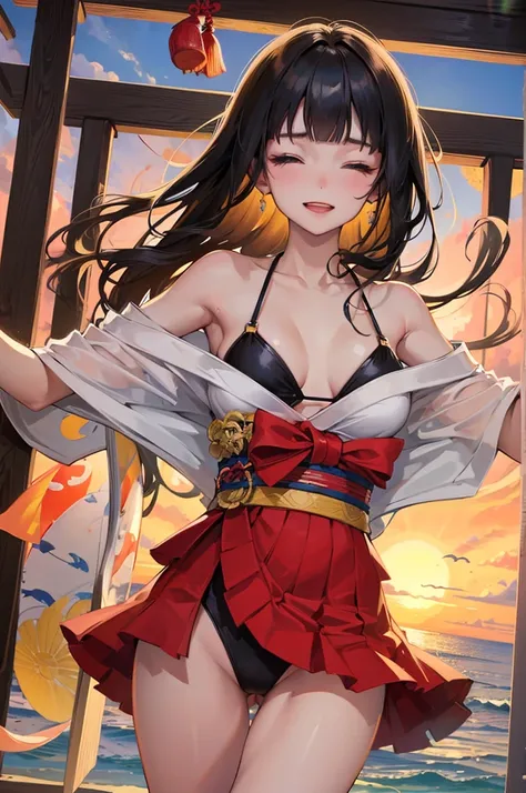 (pov kimono style swimsuit) (beautiful body), (solo:2, 15 yo, blunt bangs:1.3 black hair long hair sexy shrine girl, sexy closed eyes, happy smile, medium tits), (in a japanese modern:1.3 shrine:1.2 beautiful one piece swimsuit, wabisabi:1.3, white and red...