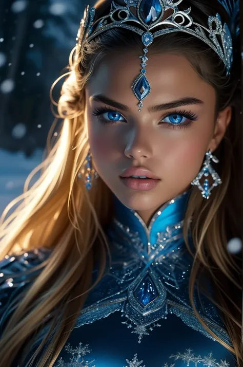 16 year old Adriana Lima, ultra detailed face, ultra detailed blue eyes, long blonde hair, (dress), tiara, winter, (((masterpiece)))