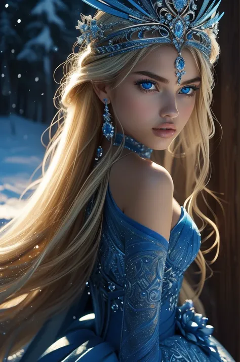 16 year old Adriana Lima, ultra detailed face, ultra detailed blue eyes, long blonde hair, (dress), tiara, winter, (((masterpiece)))