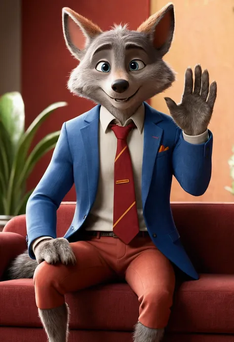 Joachim Wolfbach (Zootopia),tall handsome, wolf,young, 24 years, brown fur, hair on the head,(red body:1.3),Blue eyes, Moscow Dressed, shirt,blazer, tie,trousers,canine, wolf, detailed fur, Male, antro, paw pads, finger claws, waving, waving at viewer, 5 f...