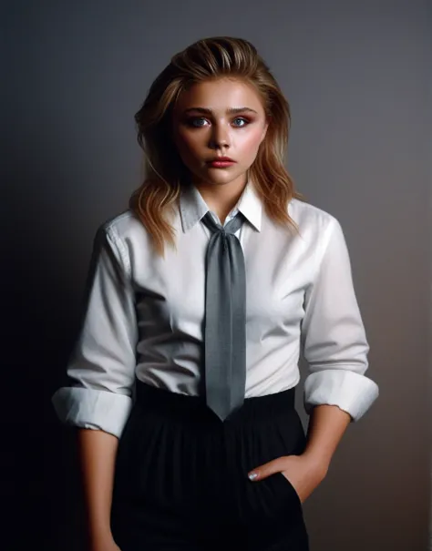 ChloeGraceMoretz, (art by Grandma Moses:1.1) , large full-body shot Woman Standing in a College, Extraordinary Trendy hair, specular lighting, F/2.8, Agfacolor, wearing a white business shirt. Hogtied. Tied up. Tape gagged