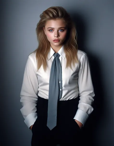 ChloeGraceMoretz, (art by Grandma Moses:1.1) , large full-body shot Woman Standing in a College, Extraordinary Trendy hair, specular lighting, F/2.8, Agfacolor, wearing a white business shirt. Hogtied. Tied up. Tape gagged