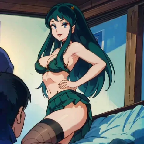 NSFW, masterpiece, (best quality: 1.2), long hair, blue eyes, green hair, worns, big breasts, evil_smile, sexy, ((skirt)), red lipstick, fishnet stocking, ((seducing a boy)),