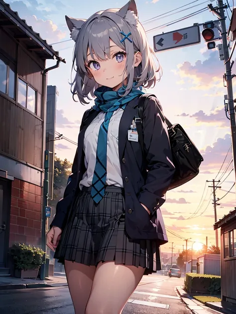 1 girl, alone, shiroko (blue archive), animal ears, skirt, scarf, blue eyes, Jacket, shirt, white shoes, shoes, Plaid skirt, Animal ear fluff, hello, white shirt, Background of the evening、looking at the viewer, open clothes, bag, hair ornaments, shoes, bl...