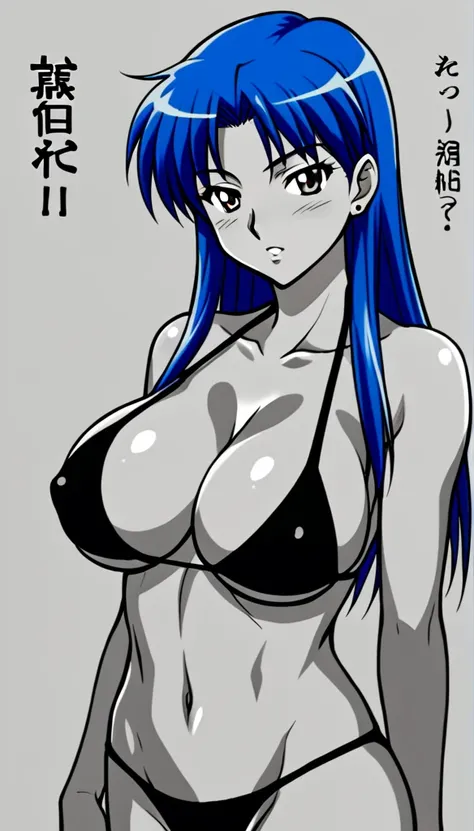 have very large breasts、A Japanese woman in her 20s with blue hair wearing a black bikini.

 Please color and draw, Japanese anime from the 90s.