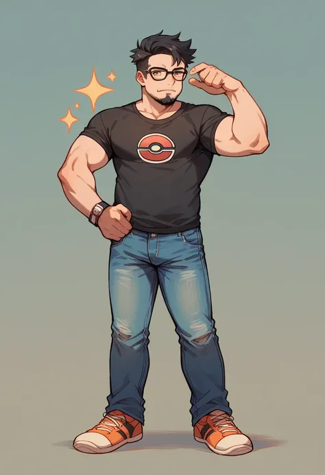 Pokémon male trainer, short hair, fade haircut, glasses, posing, cool pose, standing, fullbody, short beard, wearing jeans, wearing Violet and black shirt,  black hair, sightly chubby