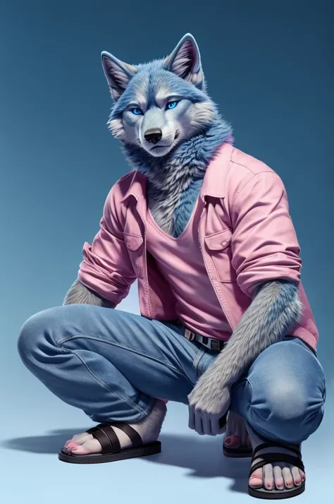 Male blue wolf furry squat legs open pose blue jeans sandals, and pink shirts black jacket pink and blue gradient background blue eyes