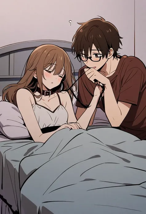 anime, two people, one beautiful female with long brown hair and no glasses and wearimg a collar with a leash, the other person is a male with short dark brown hair and black rimmed glasses and holding the leash in bed in his hand, they are boyfriend and g...