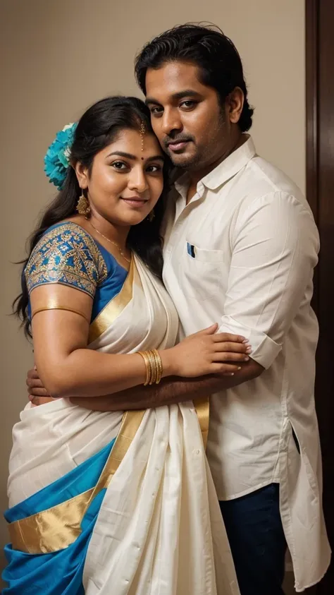 a  50-year-old shirtless man  affectionately hugging and kissing aradiant, full-figured South Indian plus-sized 30 year old teacher wearing a off white silky saree in  dressing room, captured in a full-body image with vibrant hues and meticulous details. F...