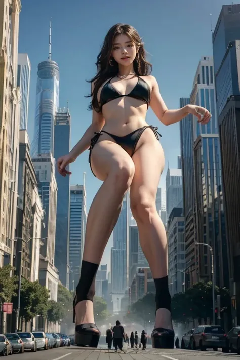 far Ground View，giantesscity,giant girl 500 feet high，skyscrapers,Have a pair of ultra long legs,stepping in the crowd，many people in street,a pair of huge breasts，Princess,sexy bikini,black silk socks，Has black waist-length hair，Wearing a pair of Mary Jan...