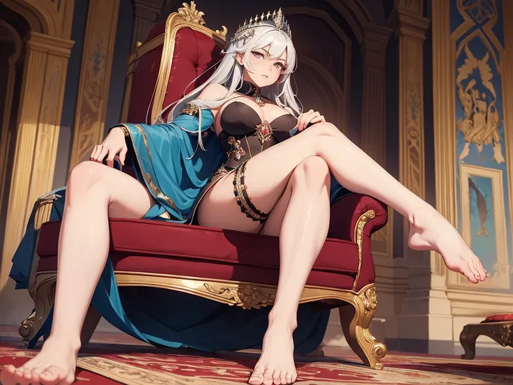 a haughty woman sits on an upholstered armchair, her posture exuding an air of unquestionable superiority. she stretches out one leg, leaving her bare foot exposed for all to see. a look of contempt, like that of a disdainful queen with icy indifference. h...