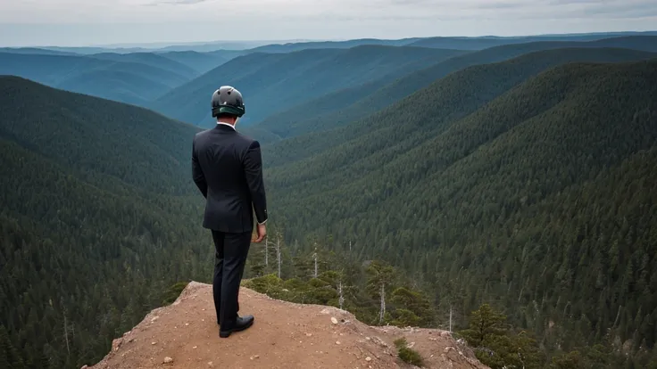 a luxury sales suit man wearing a black rider full-face helmet overlooking wilderness,full body,standard rider black full face h...