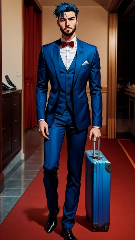 18 year old man, short blue hair, thin, elegant red formal suitcase, he has days of beard. Cómic style. Marvel comics