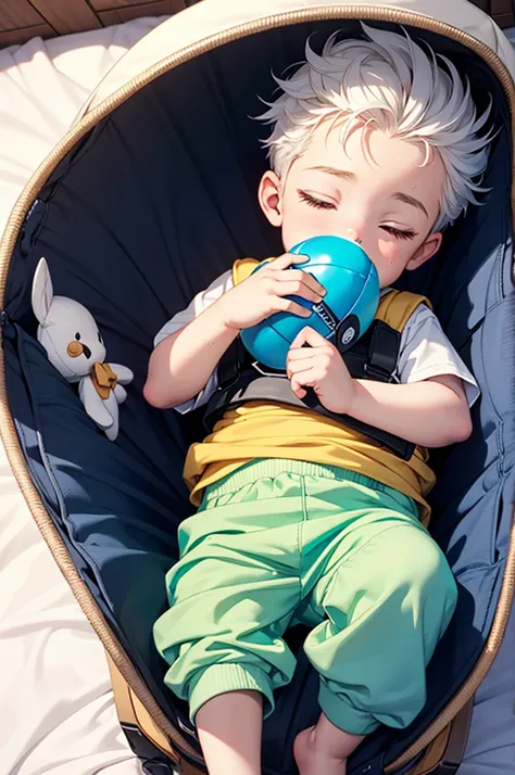 A teenage boy with white hair in a large nursery, holding a baby pacifier, playing with baby toys, wearing baby clothes, drooling, wearing a diaper, sleeping in a crib, holding a stuffed animal, high quality, extremely detailed, highly detailed, masterpiec...