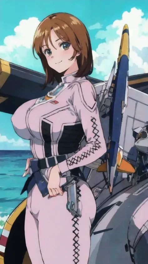 masterpiece, best quality, solo,1girl,looking at viewer,, cowboy shot,sea,anime style,
 anne、Ultra Guard Interioghter Aircraft Background、The bust is large，Smile，Huge Breasts