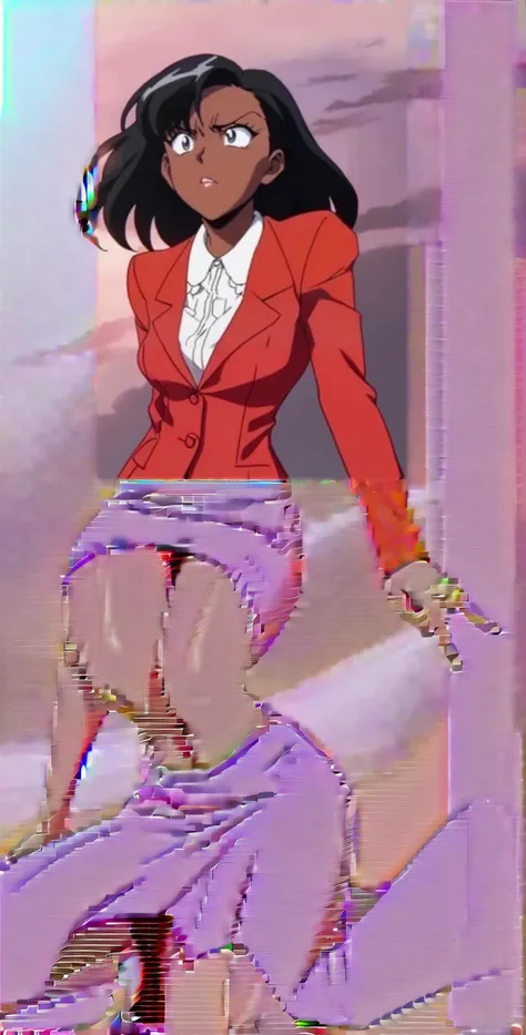 90s anime Evil black skinned business woman in a red suit and long red skirt and red heels 