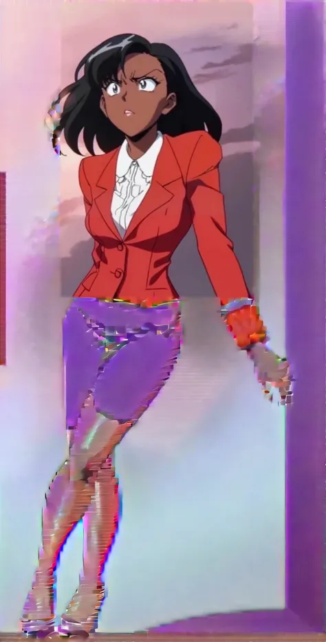 90s anime Evil black skinned business woman in a red suit and long red skirt and red heels 