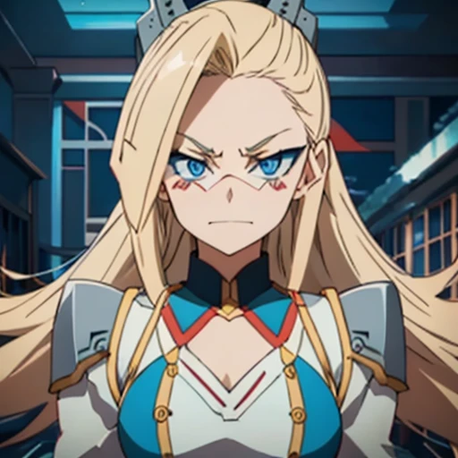 Ryuko is a woman with blue eyes and long blonde hair that is mostly combed back except for her bangs.